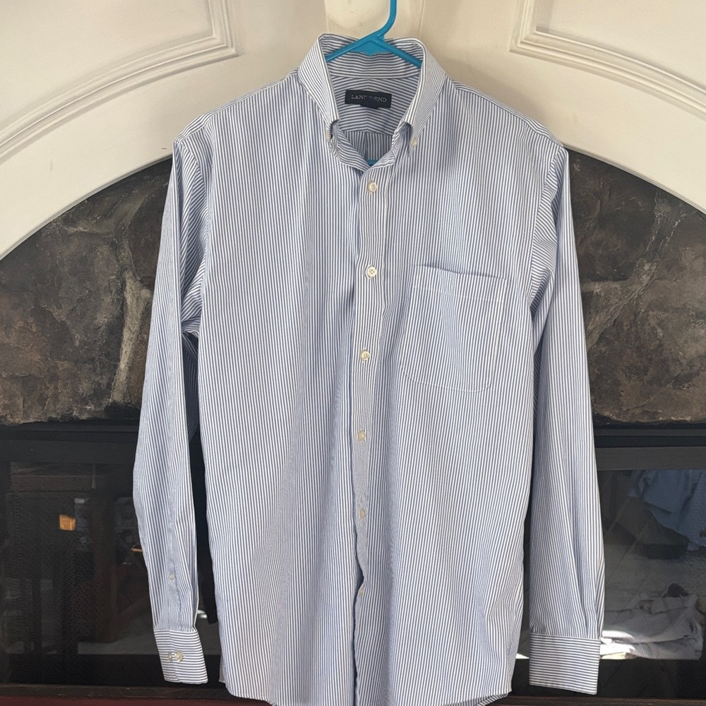 Lands' End Men's White and Blue Striped Shirt size Small 14-14.5